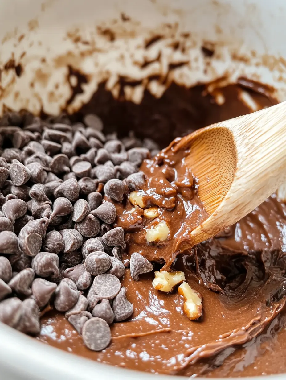 folding-chips-nuts-keto-batter Folding sugar-free chocolate chips and chopped pecans into thick keto brownie batter.