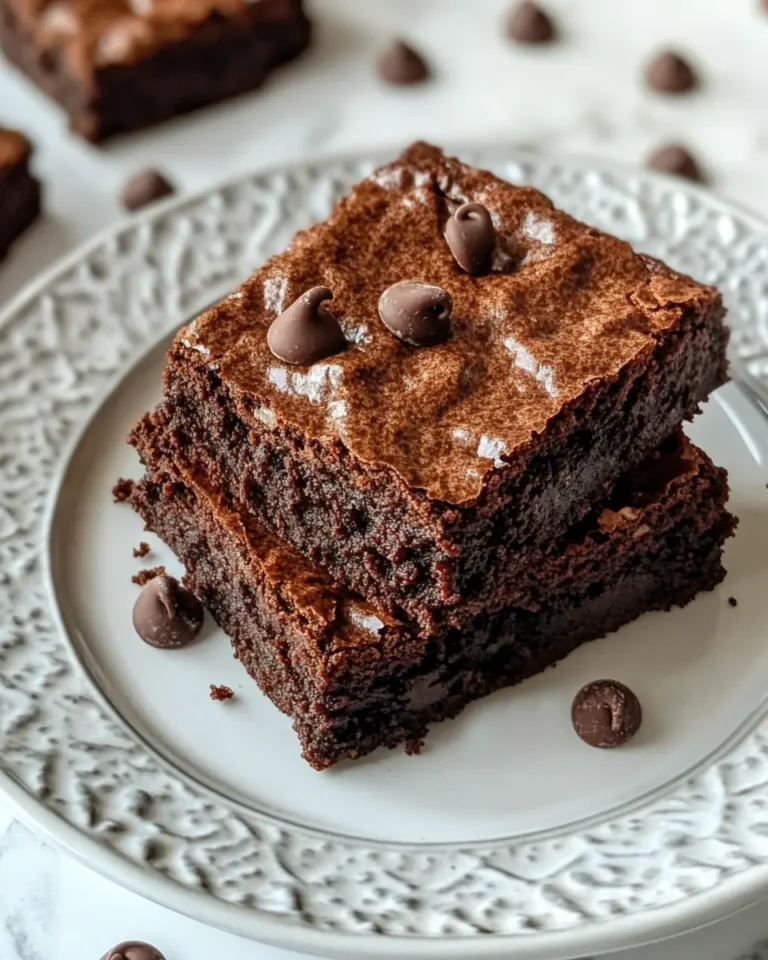Two fudgy keto brownies stacked on a white plate, topped with dark chocolate chips.
