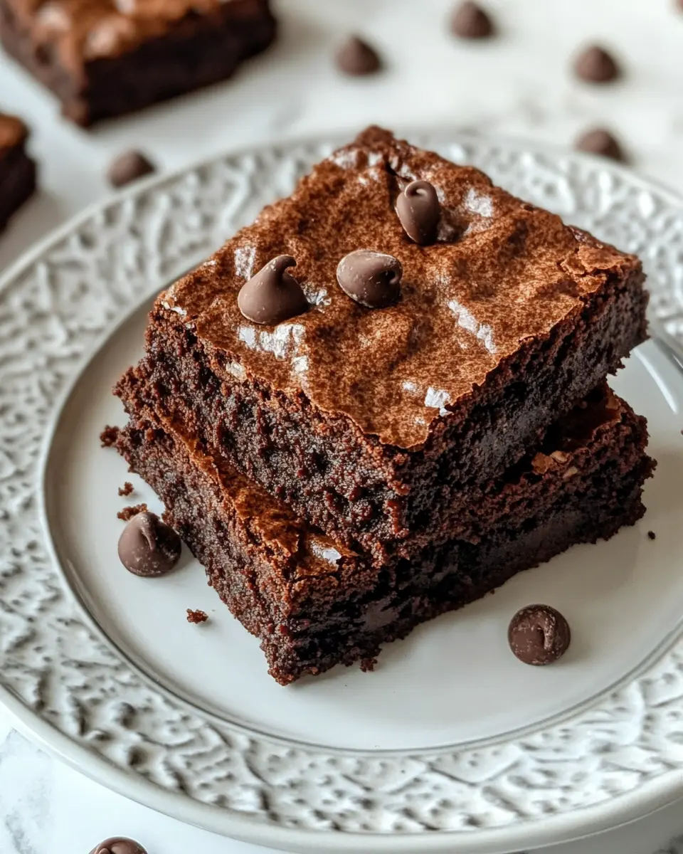 Two fudgy keto brownies stacked on a white plate, topped with dark chocolate chips.