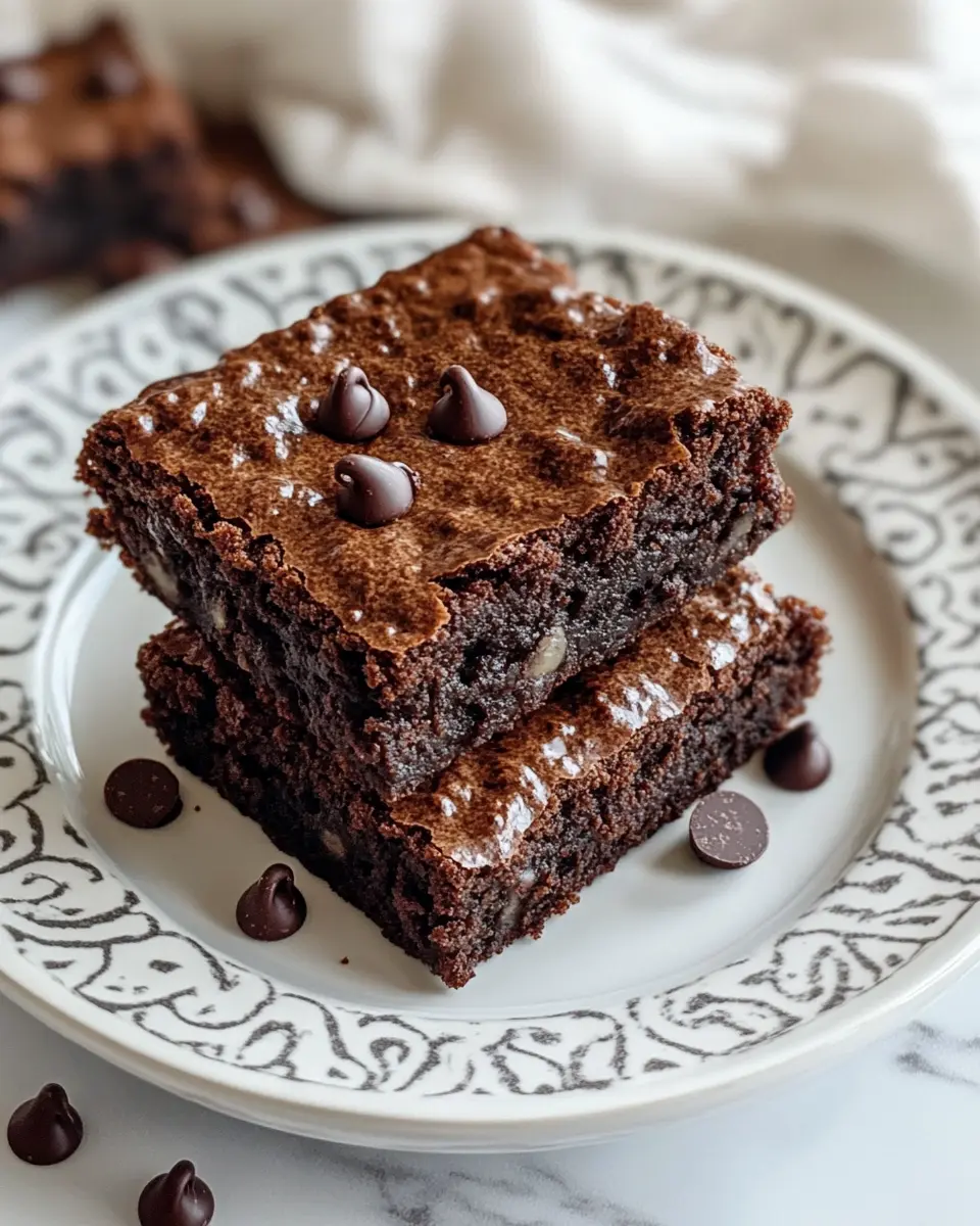 homemade-keto-brownies-stacked Stack of homemade keto brownies served on a vintage patterned plate, topped with chocolate chips.
