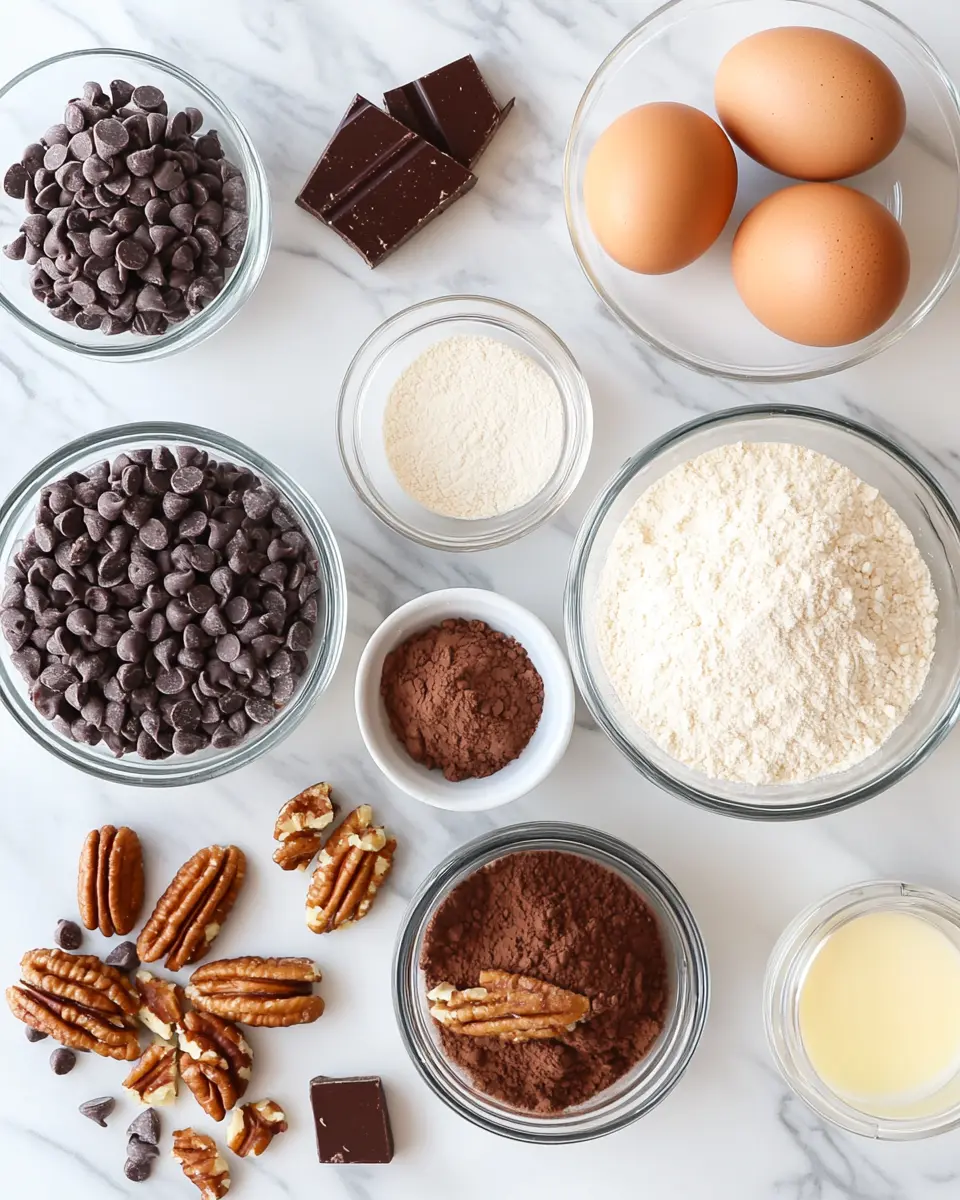 keto-brownie-ingredients-flatlay Flat-lay of keto brownie ingredients including almond flour, cocoa powder, eggs, chocolate chips, and pecans on a marble surface.