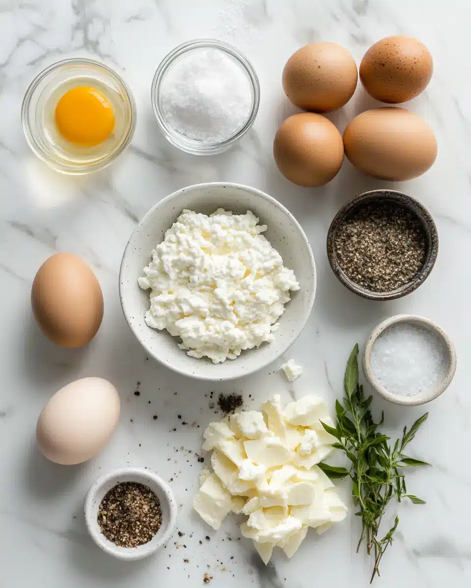 ngredient Flat-Lay for Savory Cheese Egg Bake Flat-lay of ¾ cup full-fat cottage cheese, 2 large eggs, ½ cup shredded mozzarella, garlic powder, Italian seasoning, and salt on a white marble kitchen counter in warm natural light.