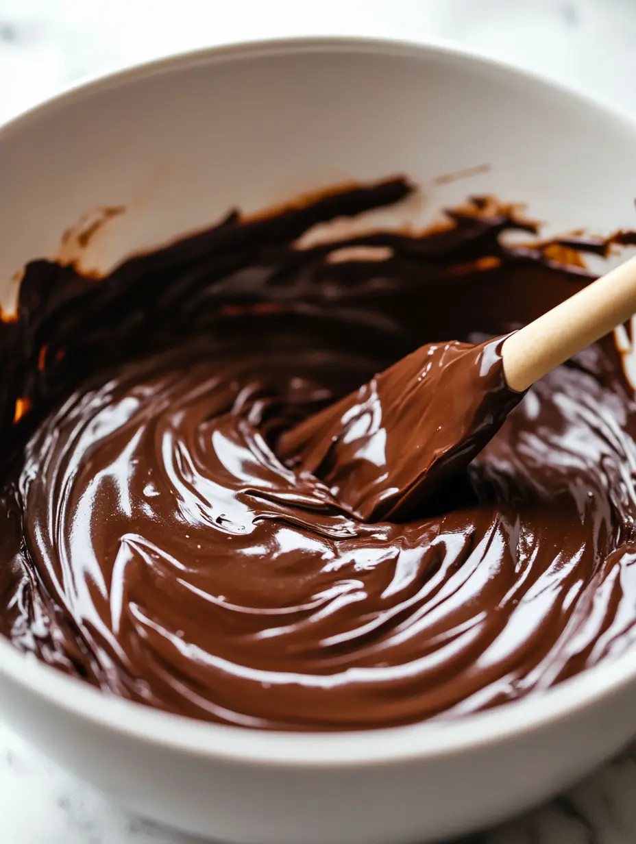 smooth-chocolate-keto-batter Smooth, glossy melted chocolate brownie batter stirred with a spatula in a white bowl