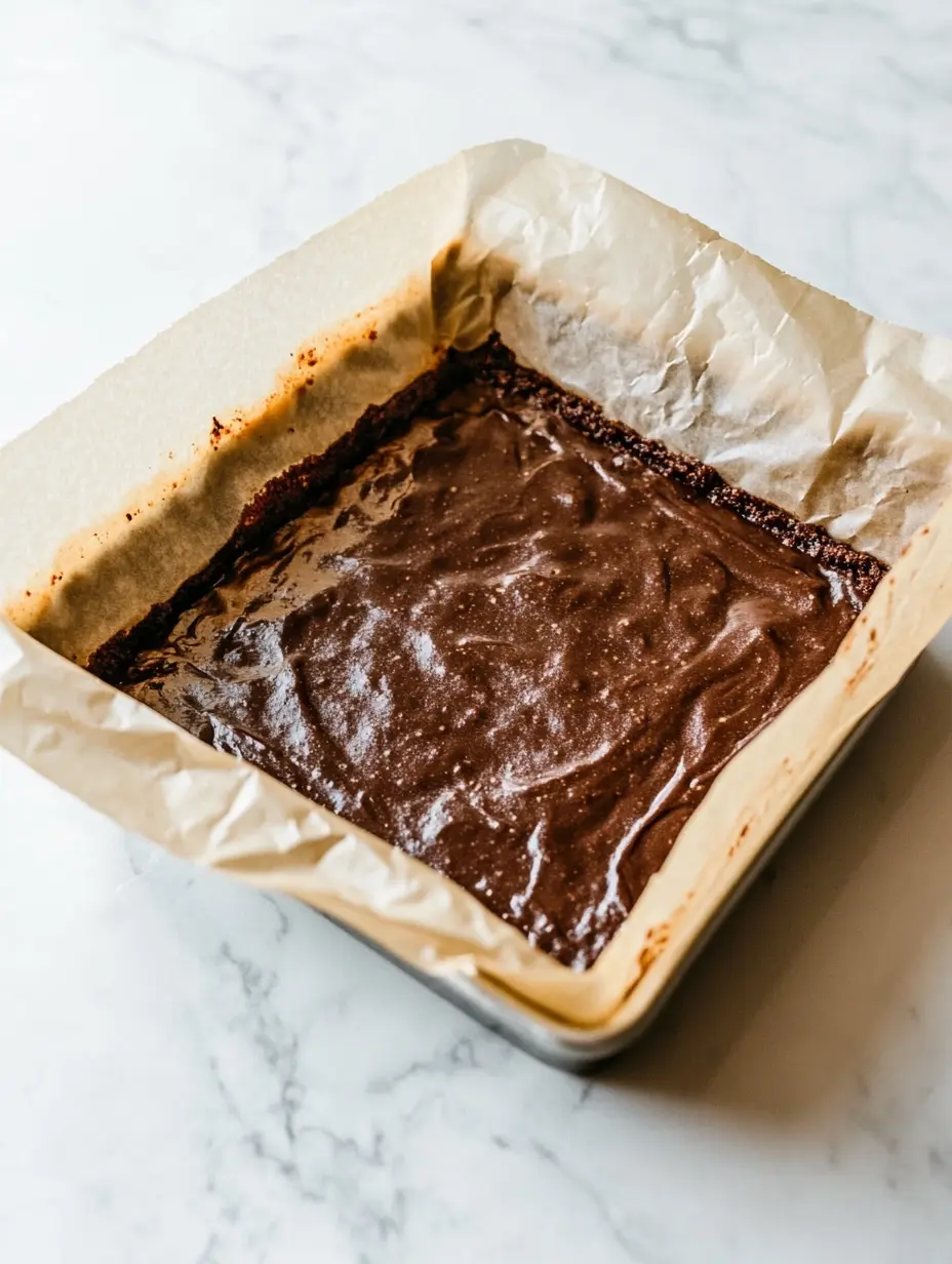 Unbaked brownie batter spread in a parchment-lined pan