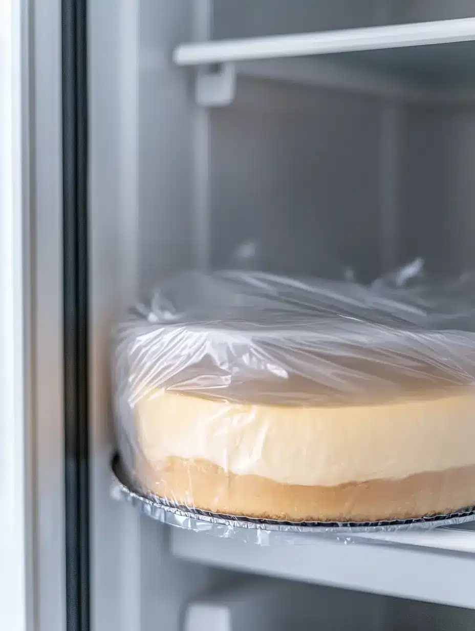 Covered cheesecake being placed in the fridge