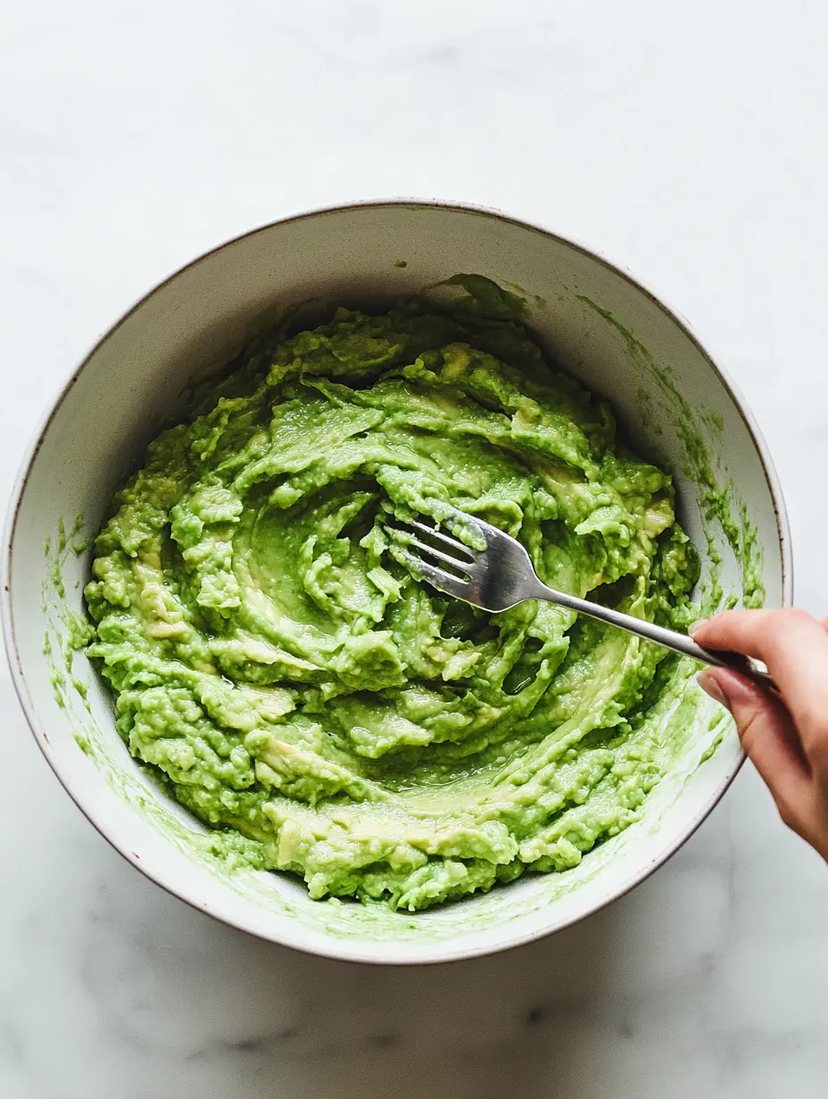 Mashed avocado in a mixing bowl with a fork on a marble countertop