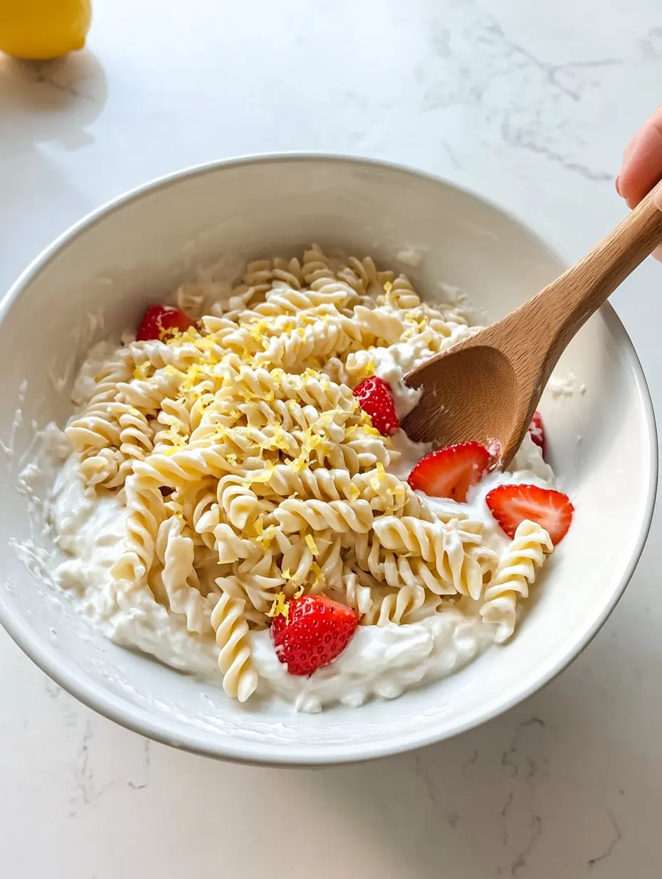Adding pasta to yogurt, strawberry, and lemon mixture