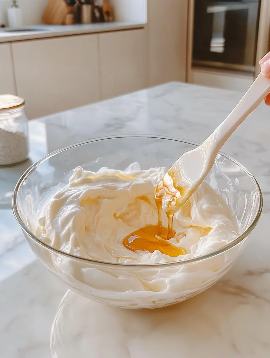 Mixing Greek yogurt and honey in a glass bowl on a white marble counter