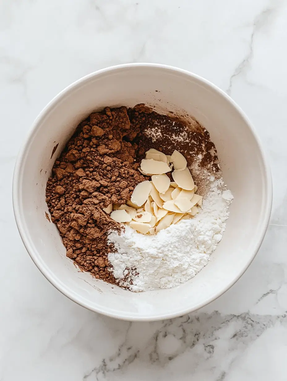 Cocoa powder, almond flour, and sliced almonds in a mixing bowl