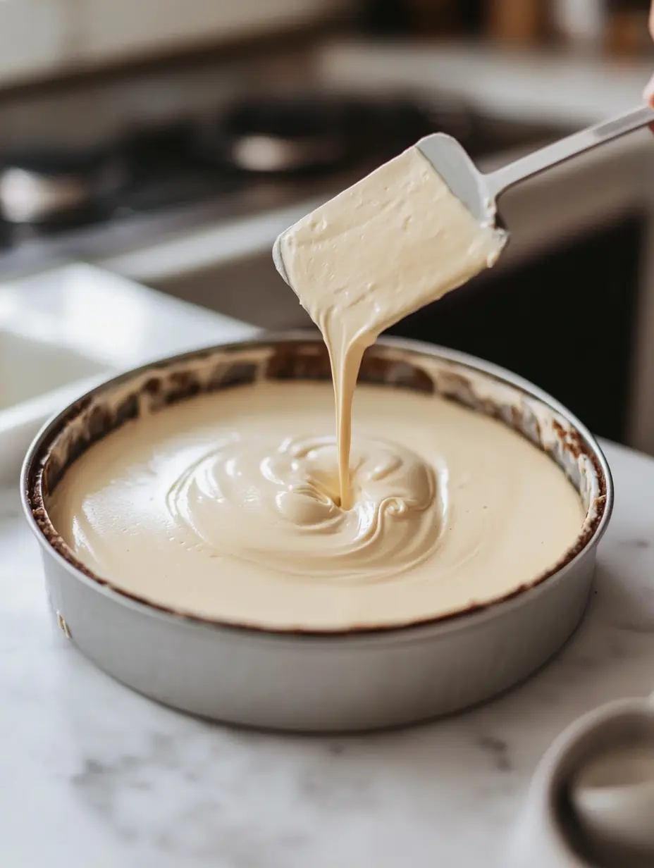 Pouring and smoothing cheesecake filling into springform pan