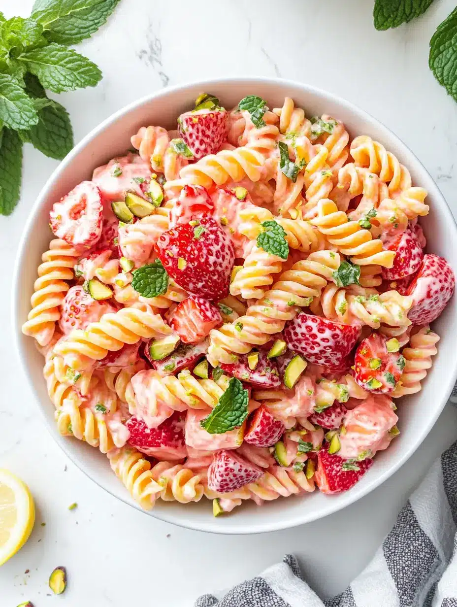 Garnishing strawberry yogurt pasta salad with mint and nuts