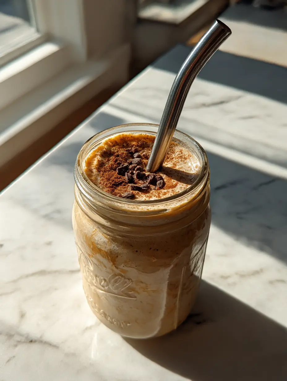Creamy smoothie in mason jar with cinnamon and cacao nibs on top