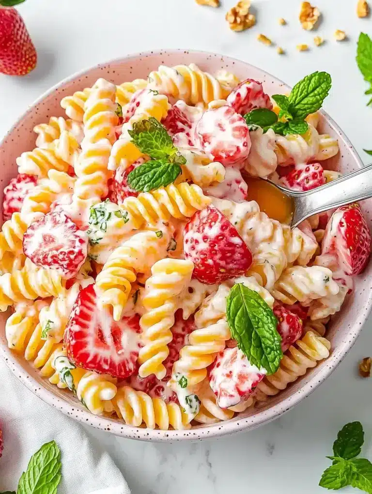 Strawberry yogurt pasta salad with mint and crushed pistachios