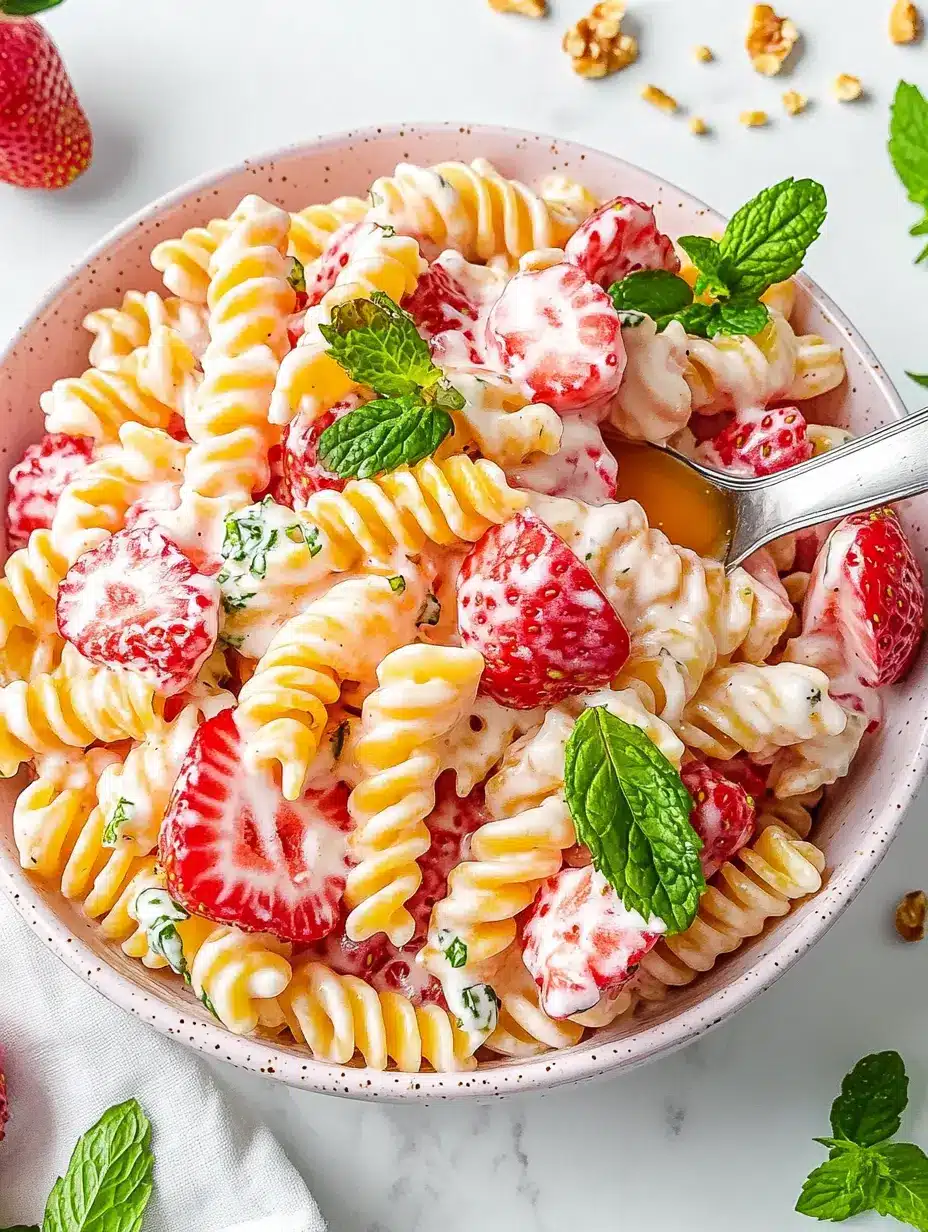 Strawberry yogurt pasta salad with mint and crushed pistachios