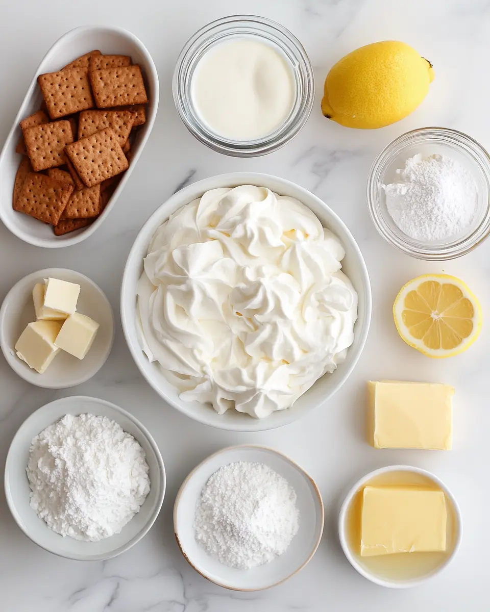 Flat-lay of 2 cups whipped heavy cream, full-fat cream cheese, powdered sugar, vanilla extract, lemon juice, gelatin, crushed graham crackers, and melted butter on a white marble kitchen counter in warm natural light.
