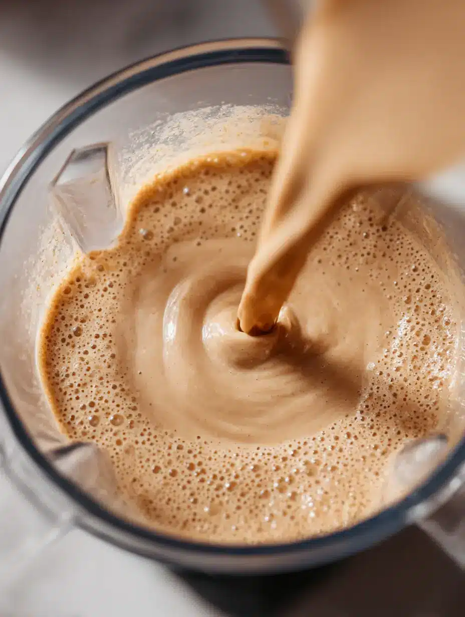 Blender jar filled with oat milk and espresso on marble counter in cozy kitchen