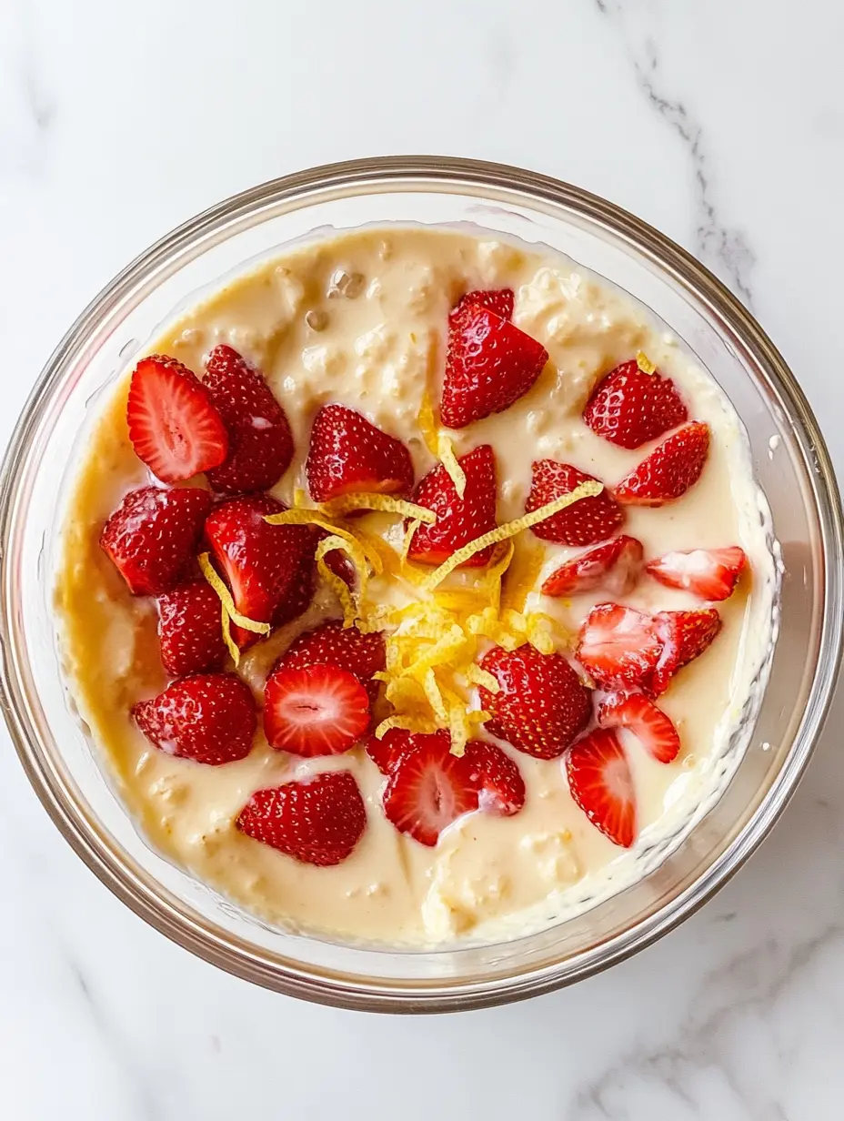Folding strawberries and lemon zest into creamy yogurt mixture