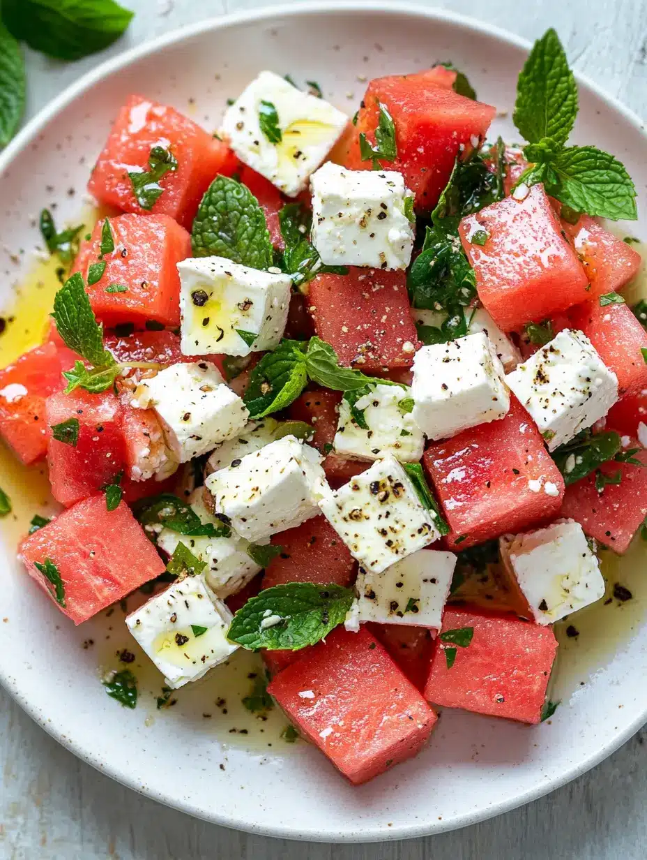 Assembled watermelon feta salad in checkerboard pattern