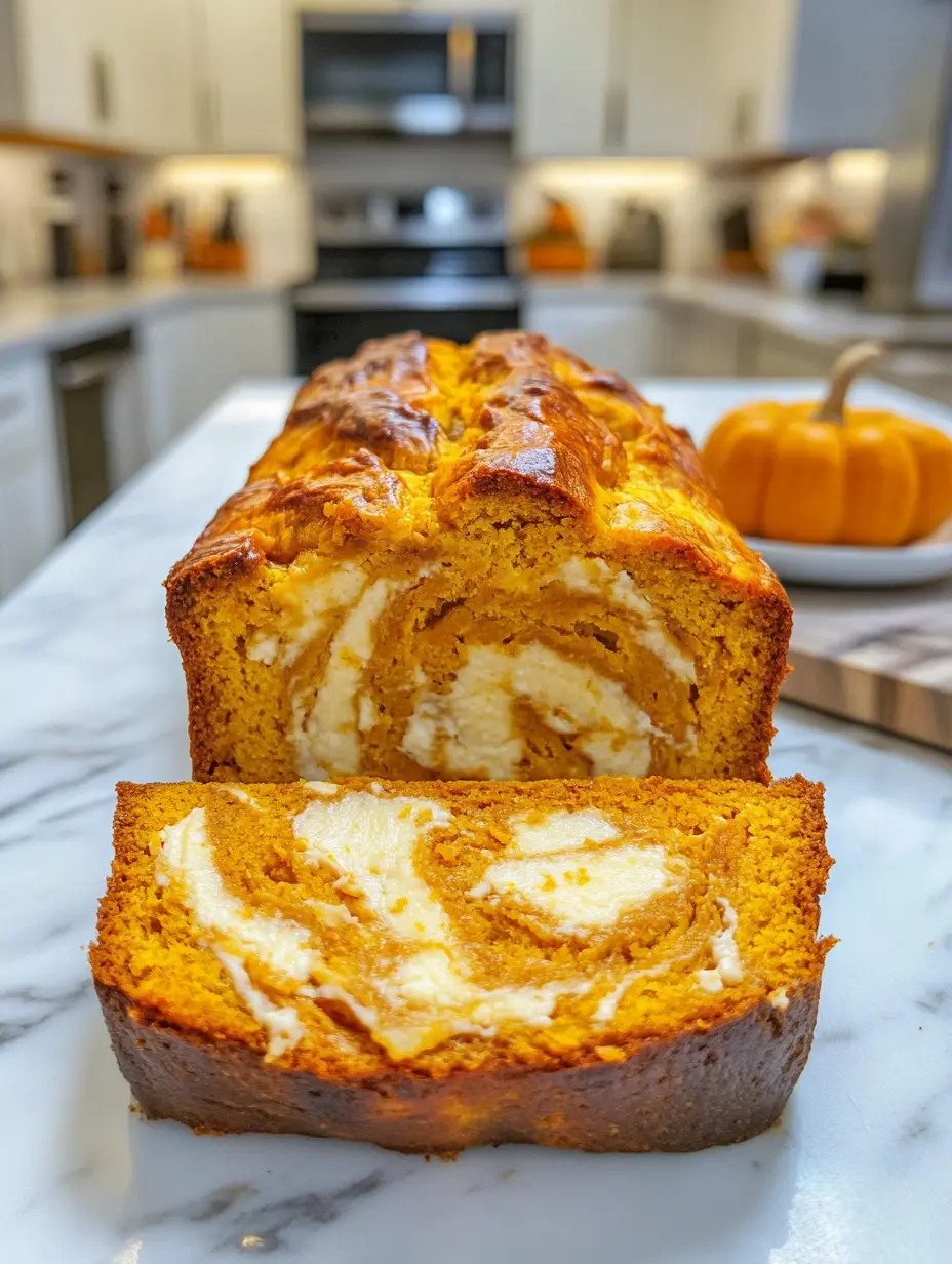 Baked pumpkin bread with cheesecake swirl sliced open on a kitchen counter