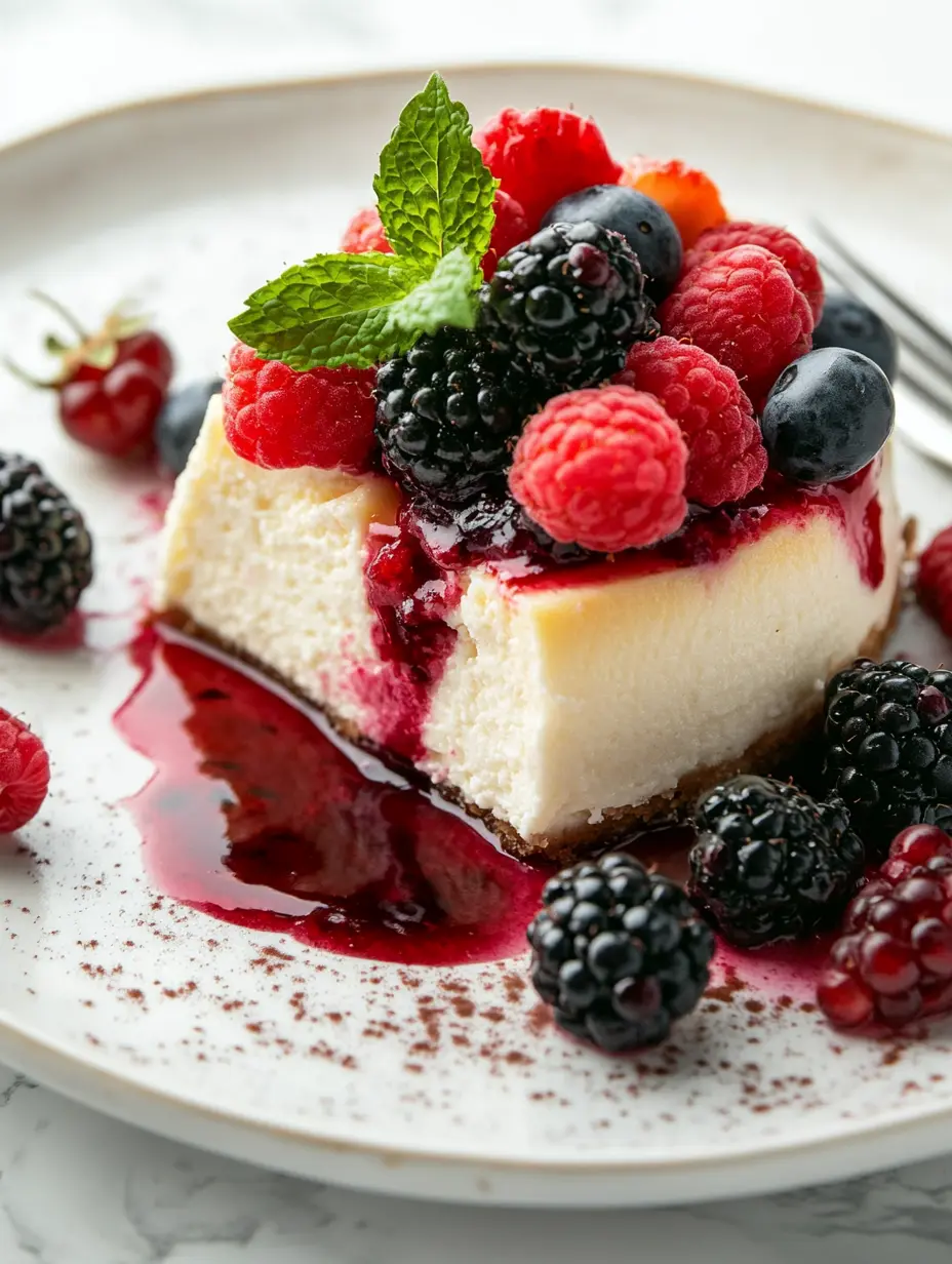 a close-up shot of a cloud cheesecake slice on a rustic white plate, airy fluffy texture, topped with fresh raspberries