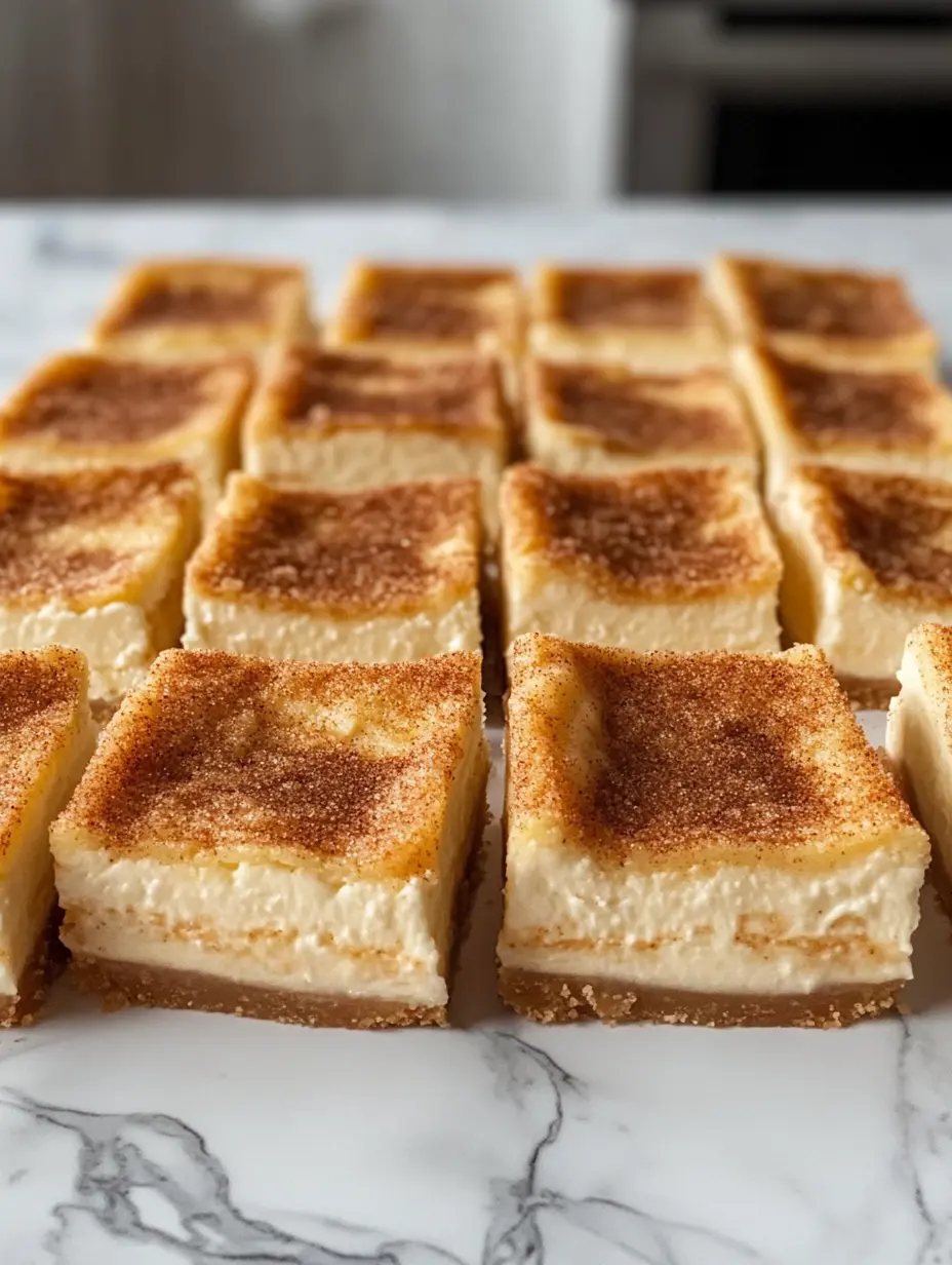 Close-up of baked churro cheesecake bars cut into squares