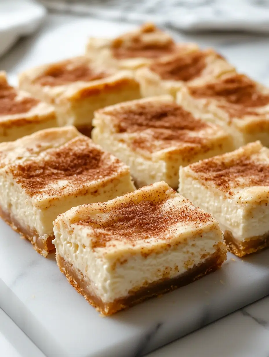 Creamy churro cheesecake bars on white marble board