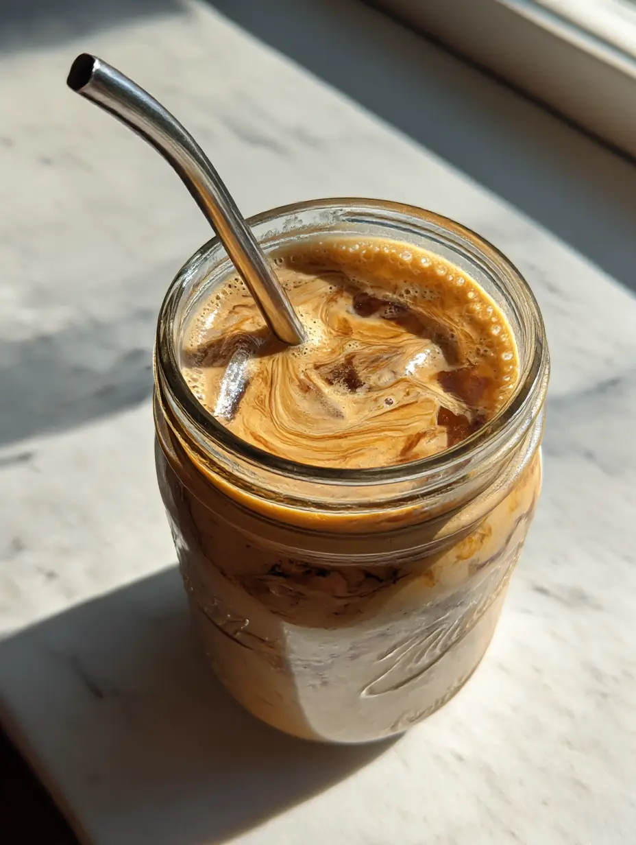 iced cashew-butter espresso smoothie in a mason jar