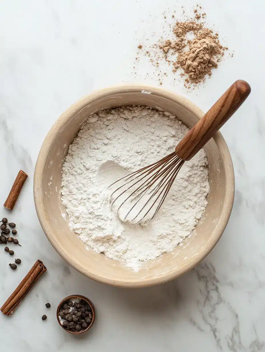 Flour and spices in a wooden bowl with whisk on marble surface