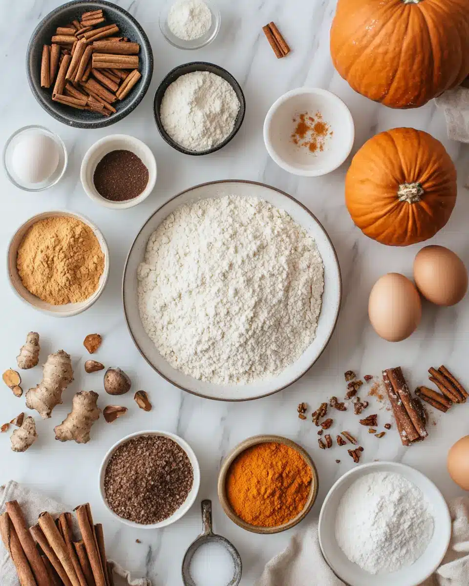 Flat lay of spiced pumpkin bread ingredients including flour, pumpkins, cinnamon, eggs