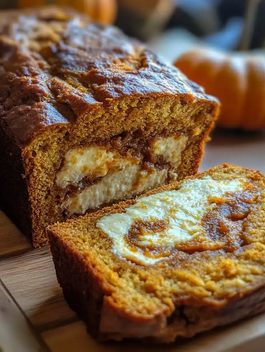 Pumpkin bread loaf with thick cheesecake filling inside