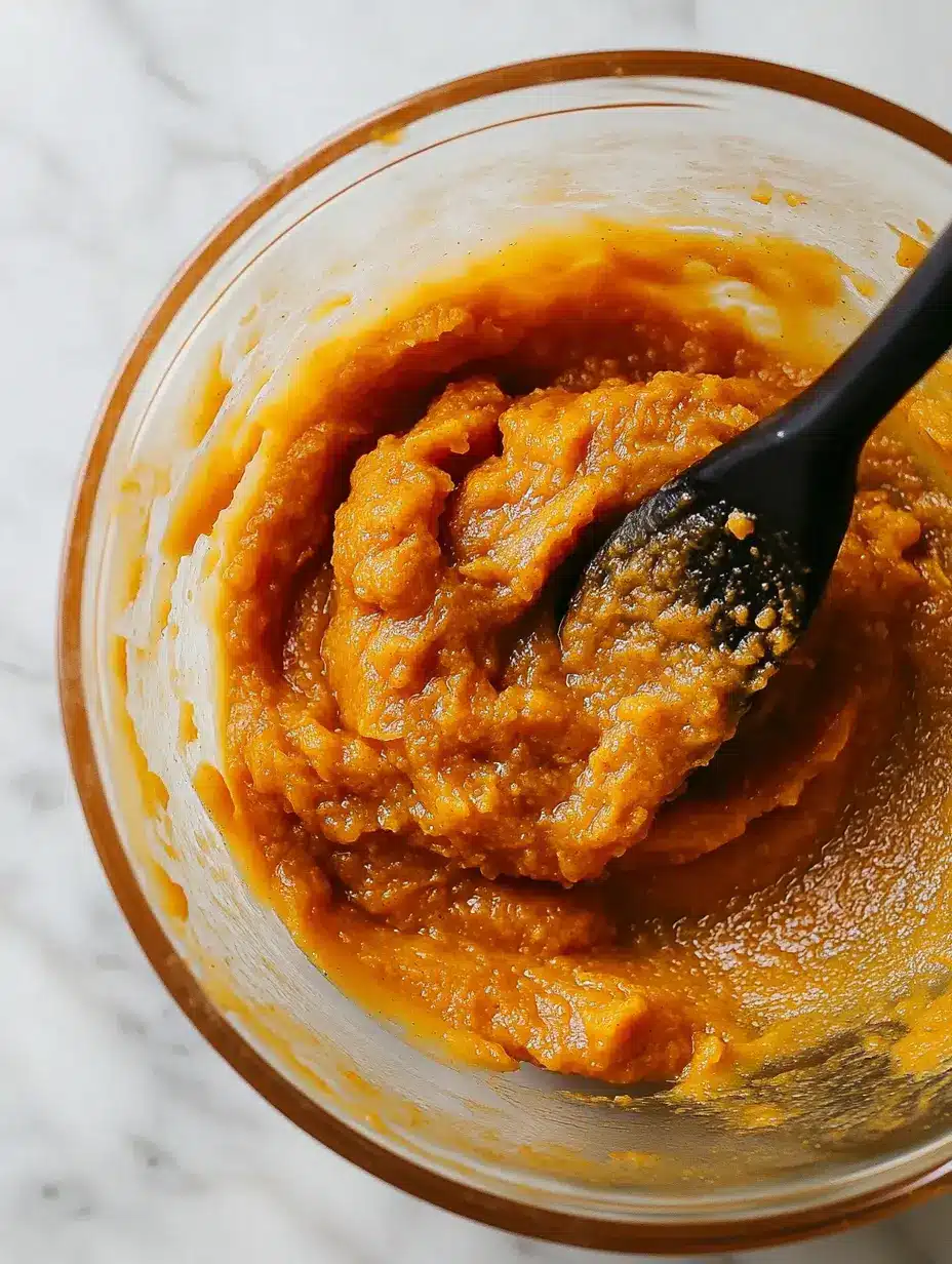 Homemade pumpkin puree being mixed in a glass bowl