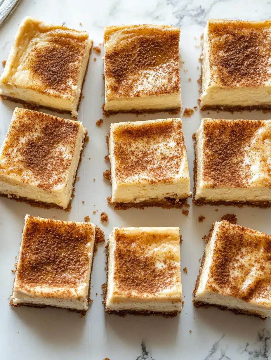 Cinnamon sugar churro cheesecake bars sliced and ready to serve