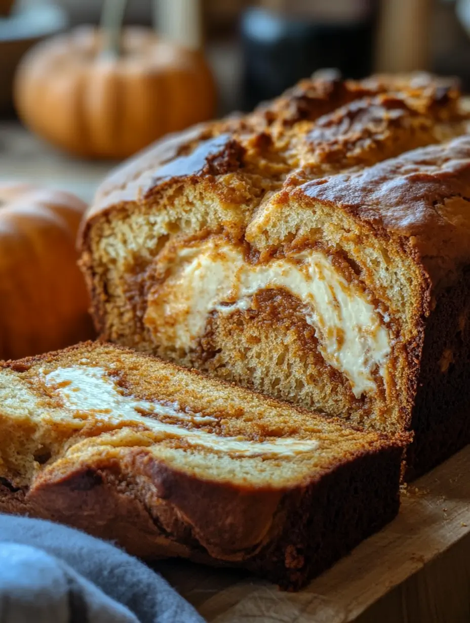 Close-up of moist spiced pumpkin cheesecake bread with creamy swirl