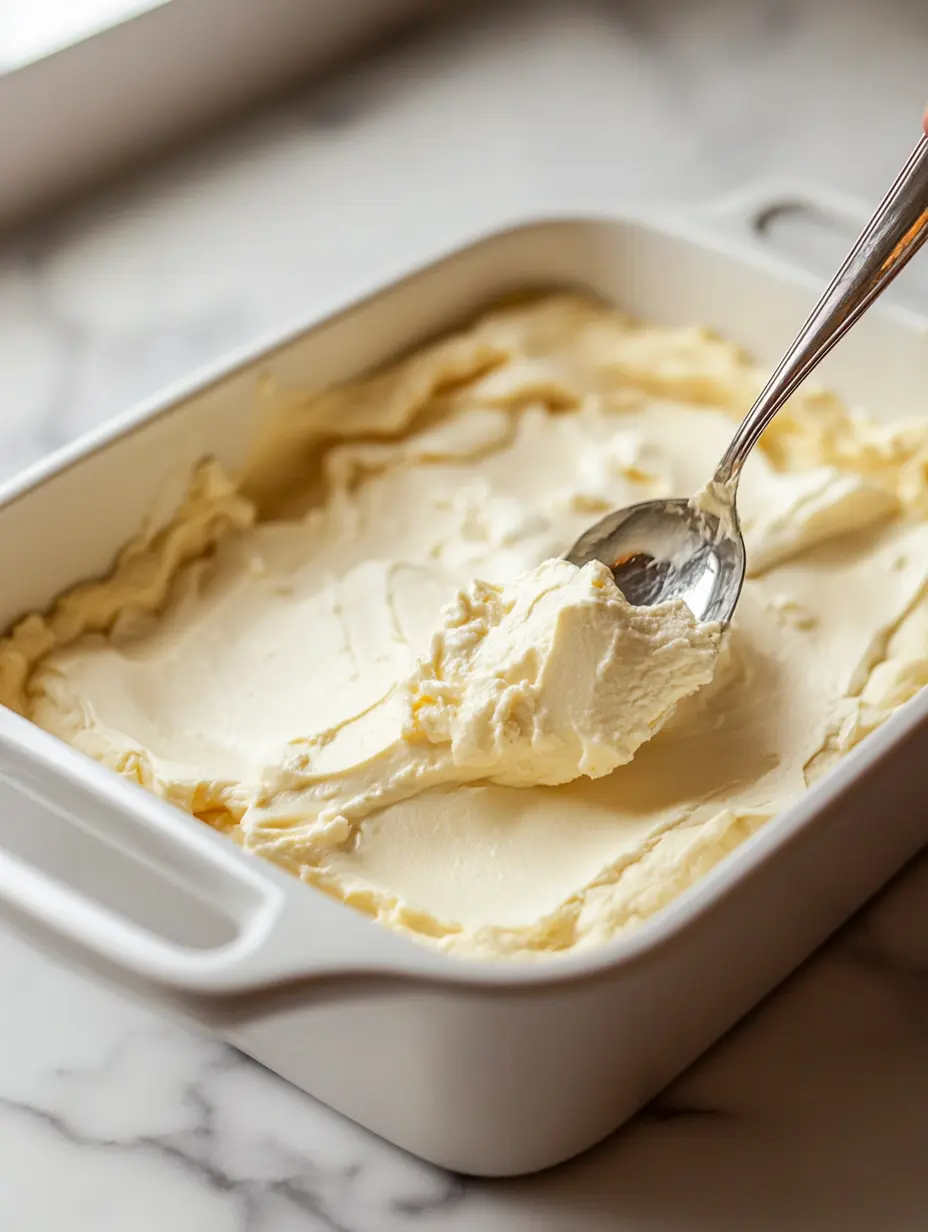 Spreading cheesecake mixture for churro bars