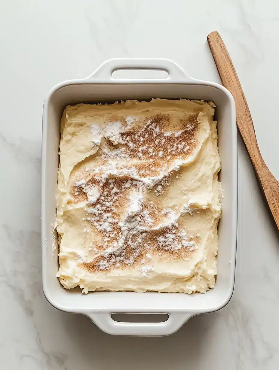 Unbaked churro cheesecake bars with cinnamon sugar on top