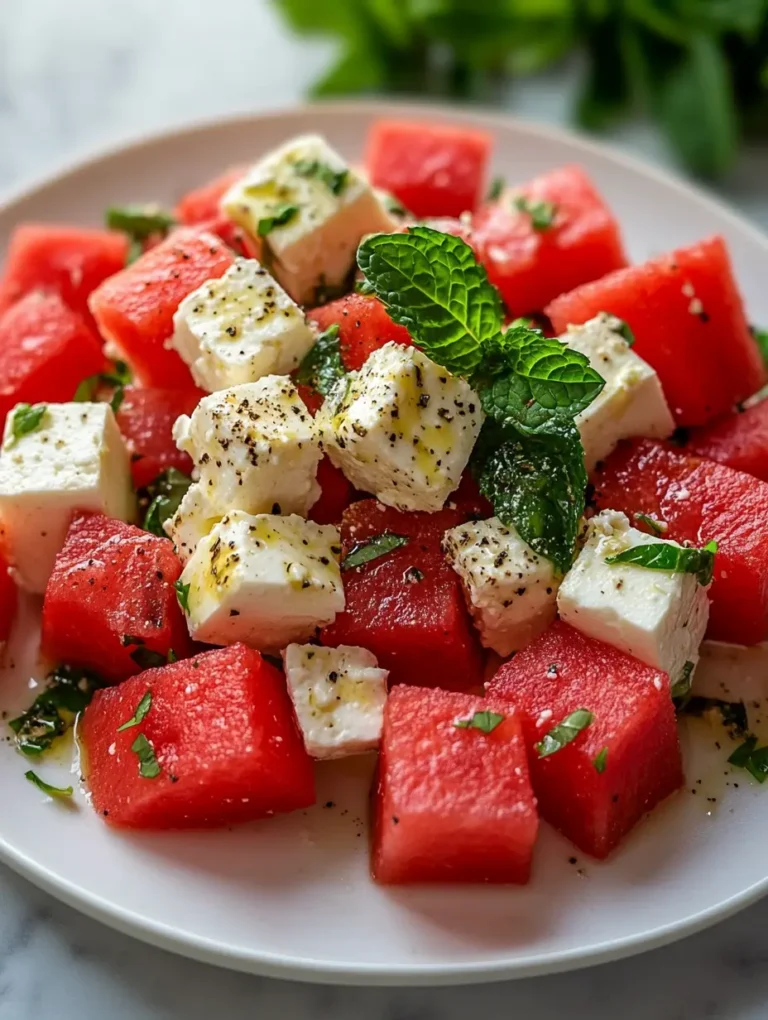 Watermelon feta checkerboard salad on white plate with mint garnish