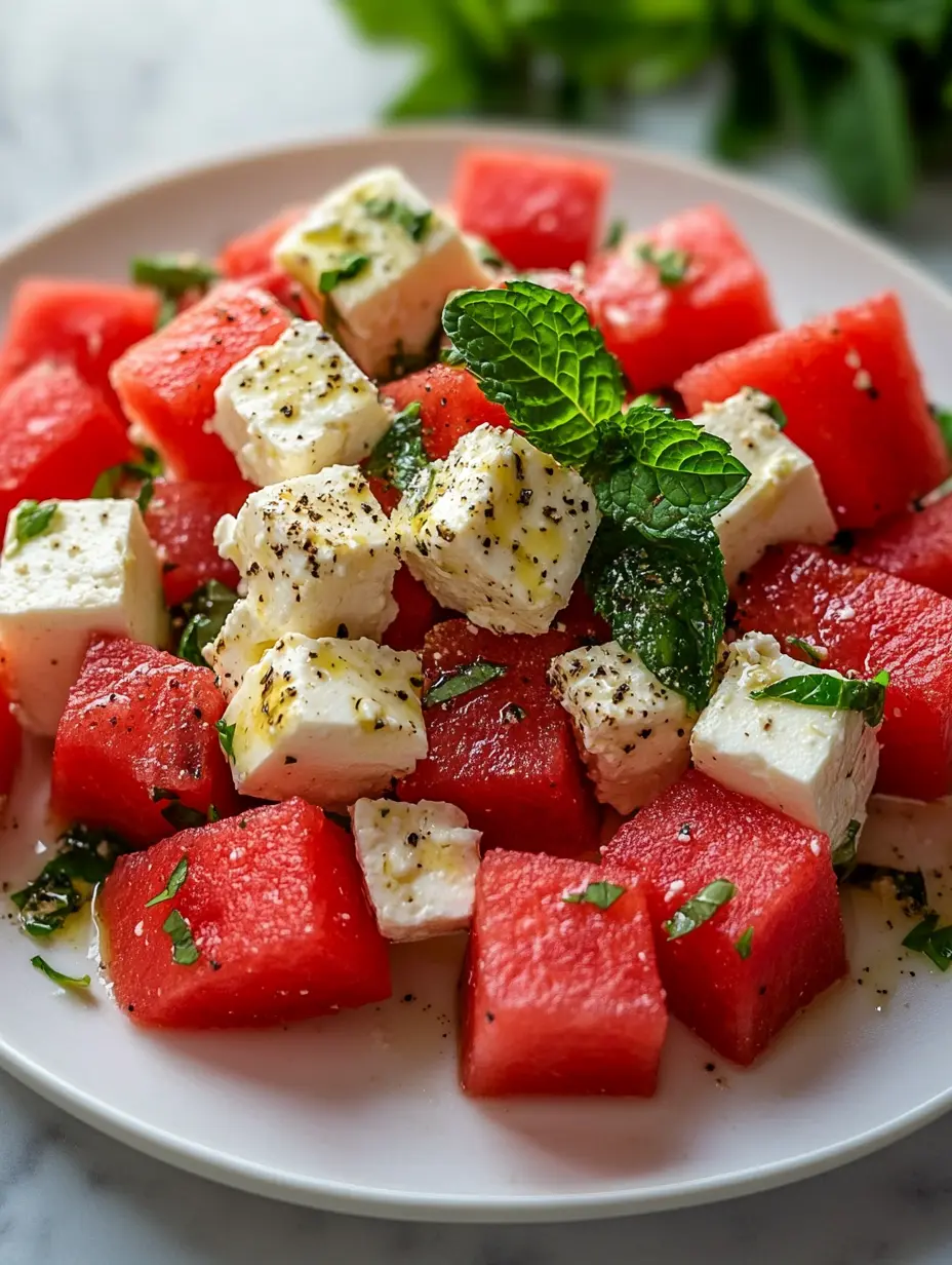 Watermelon feta checkerboard salad on white plate with mint garnish