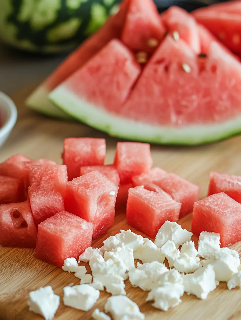 Cubed watermelon and feta on cutting board