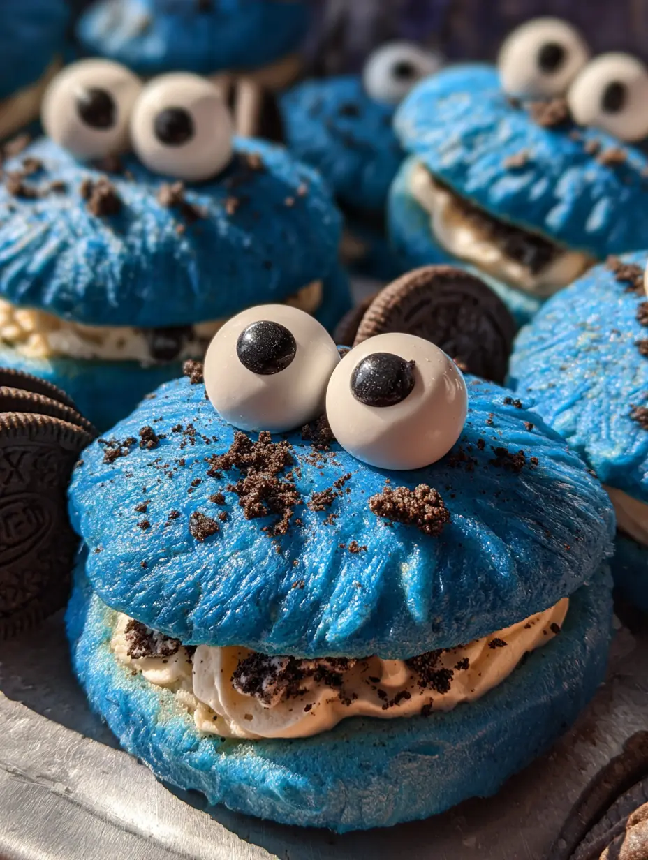 Cookie Monster Buns with Cream and Oreos Blue Cookie Monster buns filled with cream, decorated with candy eyes and crushed OreosAdorable blue buns filled with cream and topped with candy eyes and Oreo crumbles.