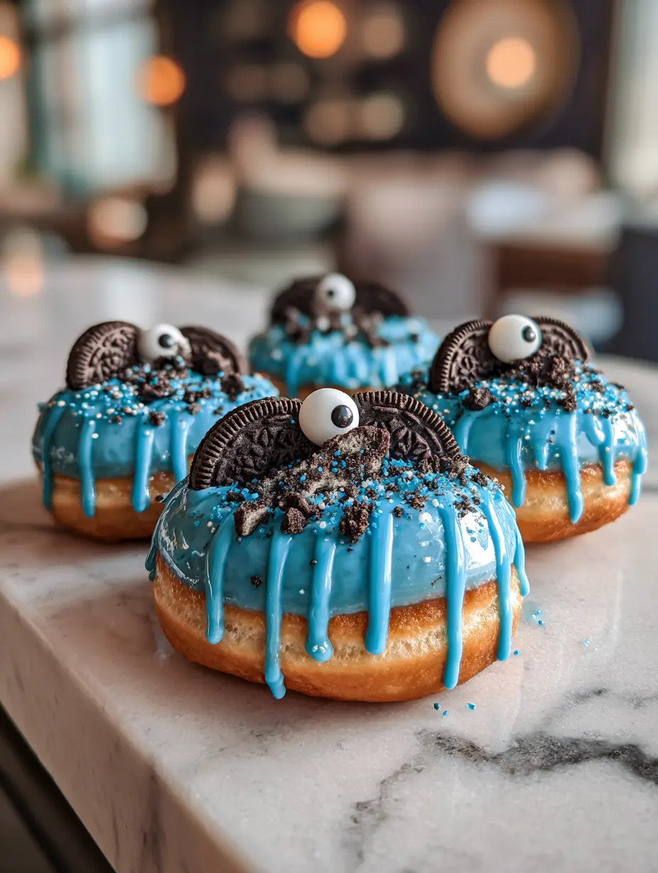 Blue glazed Cookie Monster donuts decorated with Oreos, cookie crumbles, and candy eyes