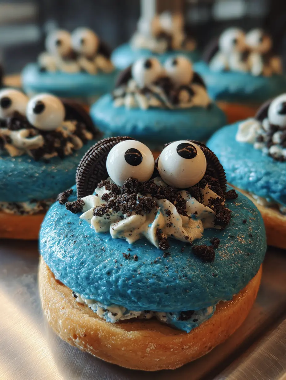 Cookie Monster Donuts with Blue Glaze and Oreos Cookie Monster donuts with blue glaze, Oreo cream filling, cookies, and candy eyes