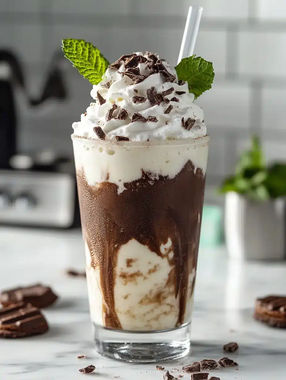 Copycat Wendy’s Thin Mint Frosty Recipe Glass of Thin Mint Frosty topped with whipped cream and crushed cookies