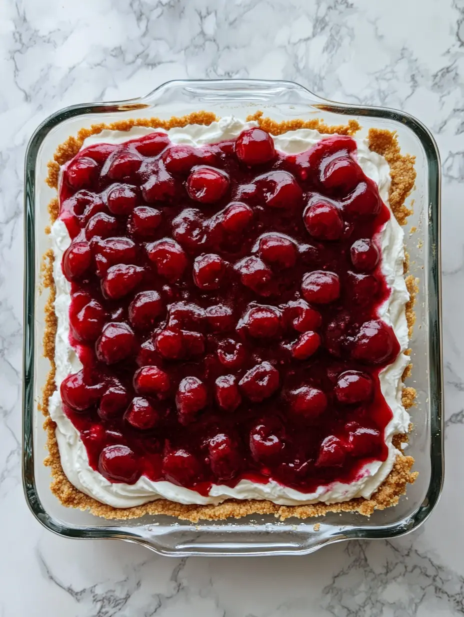First Layer of Cream and Cherries cherry yum yum recipe in glass dish