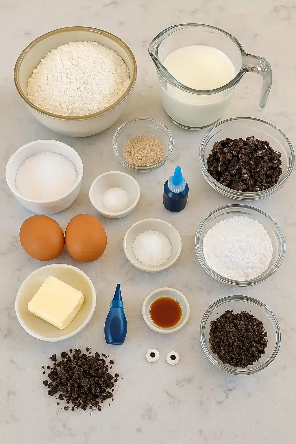 Ingredient Flat-Lay for Blue Oreo Buns Flat-lay of 4 cups all-purpose flour, 2¼ tsp instant yeast, 1 cup warm milk, ¼ cup sugar, ¼ cup butter, 2 eggs, salt, blue gel food coloring, cream cheese, powdered sugar, vanilla, crushed Oreos, milk, and candy eyes on a white marble kitchen counter in warm natural light.
