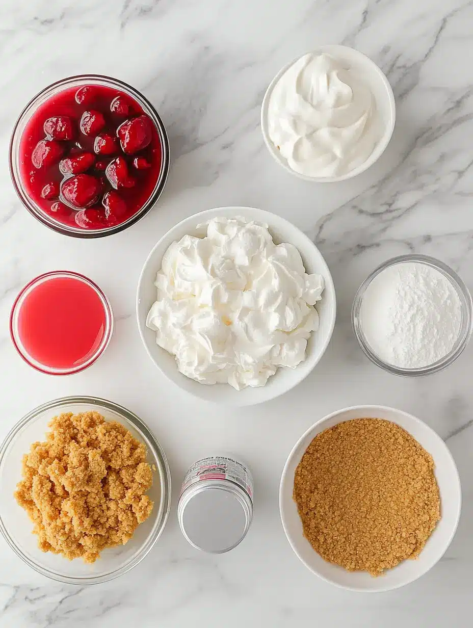 Ingredient Flat-Lay for No-Bake Cherry Cheesecake Flat-lay of 2 cups graham cracker crumbs, ½ cup melted butter, 1 tablespoon sugar, 8 oz softened cream cheese, 1 cup powdered sugar, 1 tsp vanilla extract, whipped topping or freshly whipped cream, and cherry pie filling on a white marble kitchen counter in warm natural light.