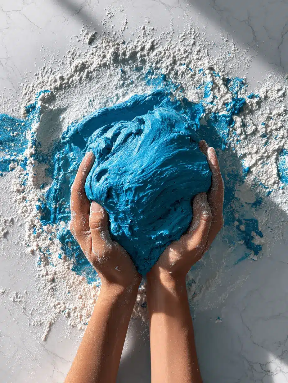 Kneading Blue Cookie Monster Dough Hands kneading bright blue dough on a floured surface
