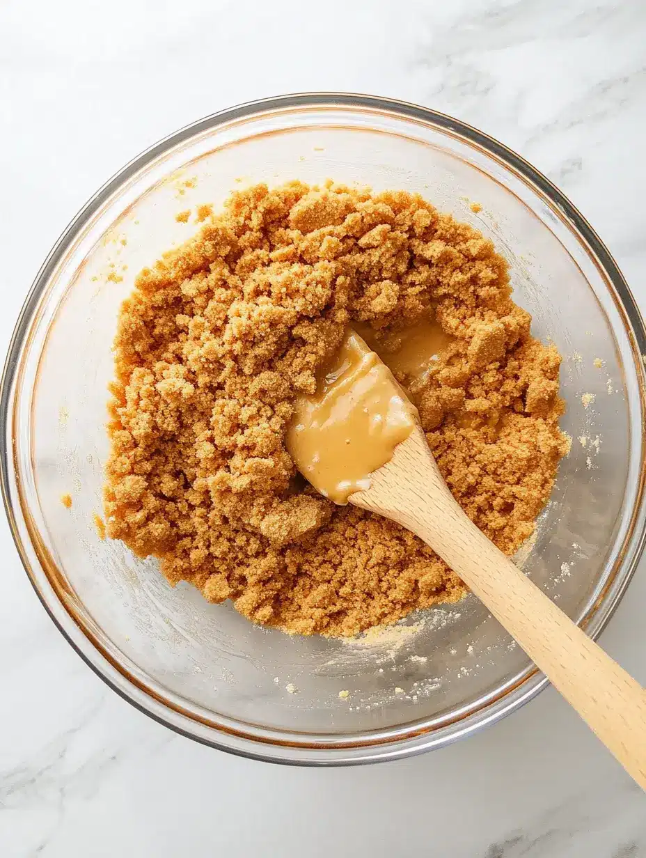 Making the Graham Cracker Crust Mixing graham cracker crumbs with butter and sugar in a glass bowl on a marble countertop