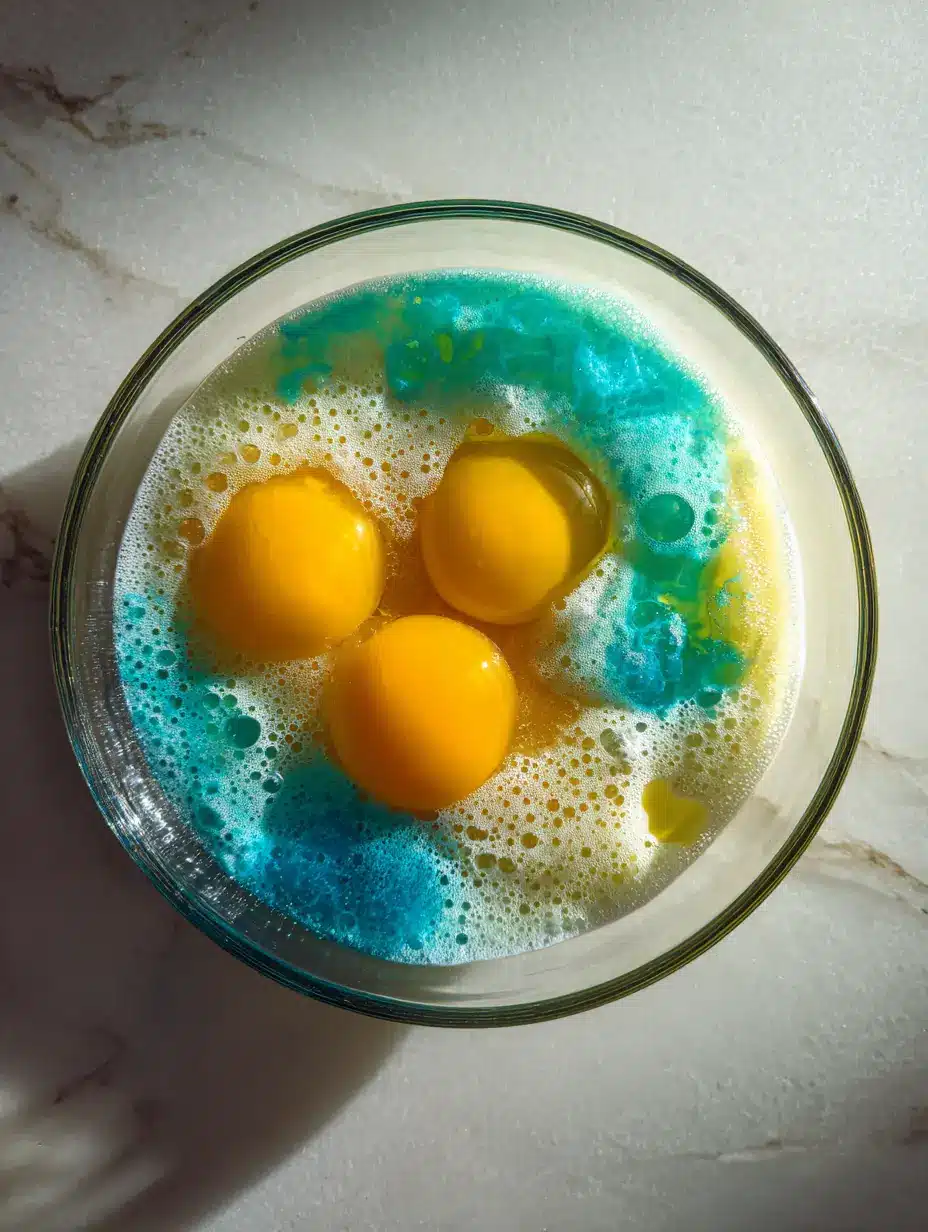 Mixing Dough Base with Blue Color Ingredients including butter, eggs, and blue coloring added to yeast mixture