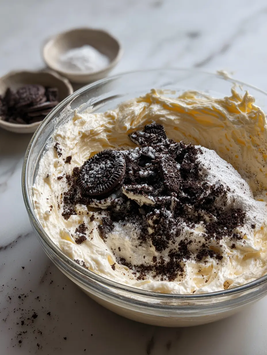 Oreo Cheesecake Filling Preparation Oreo cheesecake filling being mixed in a glass bowl