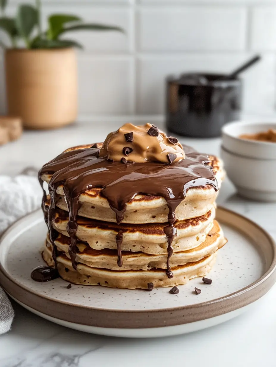 Peanut Butter Pancakes Recipe Stack of peanut butter pancakes drizzled with chocolate sauce